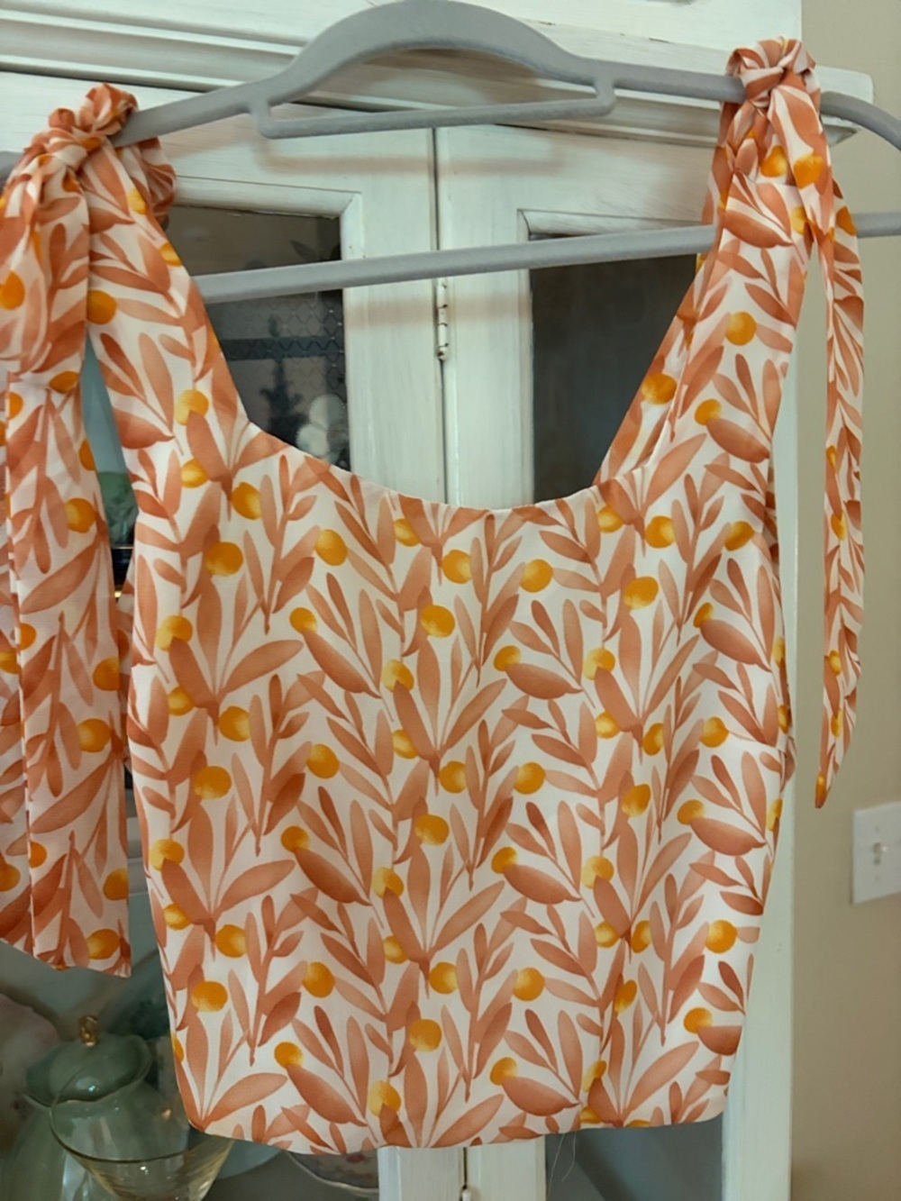 Lucy Paris two piece set orange/white olive stem pattern tie up shoulders S/ 38. - Picture 6 of 8